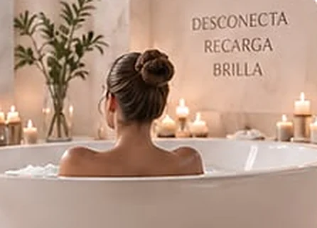 Mujer relajándose en una bañera rodeada de velas