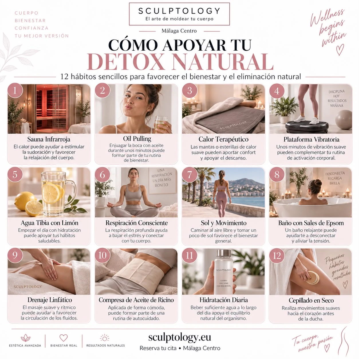Infografía de Sculptology: 12 hábitos sencillos para apoyar tu detox natural
