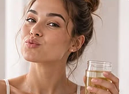 Mujer sonriendo con un vaso de aceite para hacer oil pulling